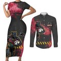 Personalised Penrith Panthers Rugby Couples Matching Short Sleeve Bodycon Dress and Long Sleeve Button Shirt Black Panther Mascot - Sporty Splash Art Style