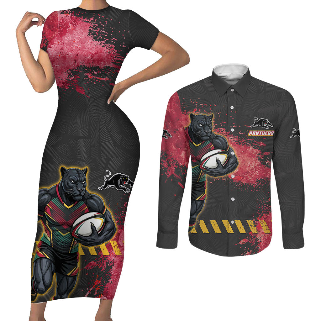 Personalised Penrith Panthers Rugby Couples Matching Short Sleeve Bodycon Dress and Long Sleeve Button Shirt Black Panther Mascot - Sporty Splash Art Style