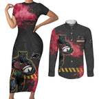 Personalised Penrith Panthers Rugby Couples Matching Short Sleeve Bodycon Dress and Long Sleeve Button Shirt Black Panther Mascot - Sporty Splash Art Style