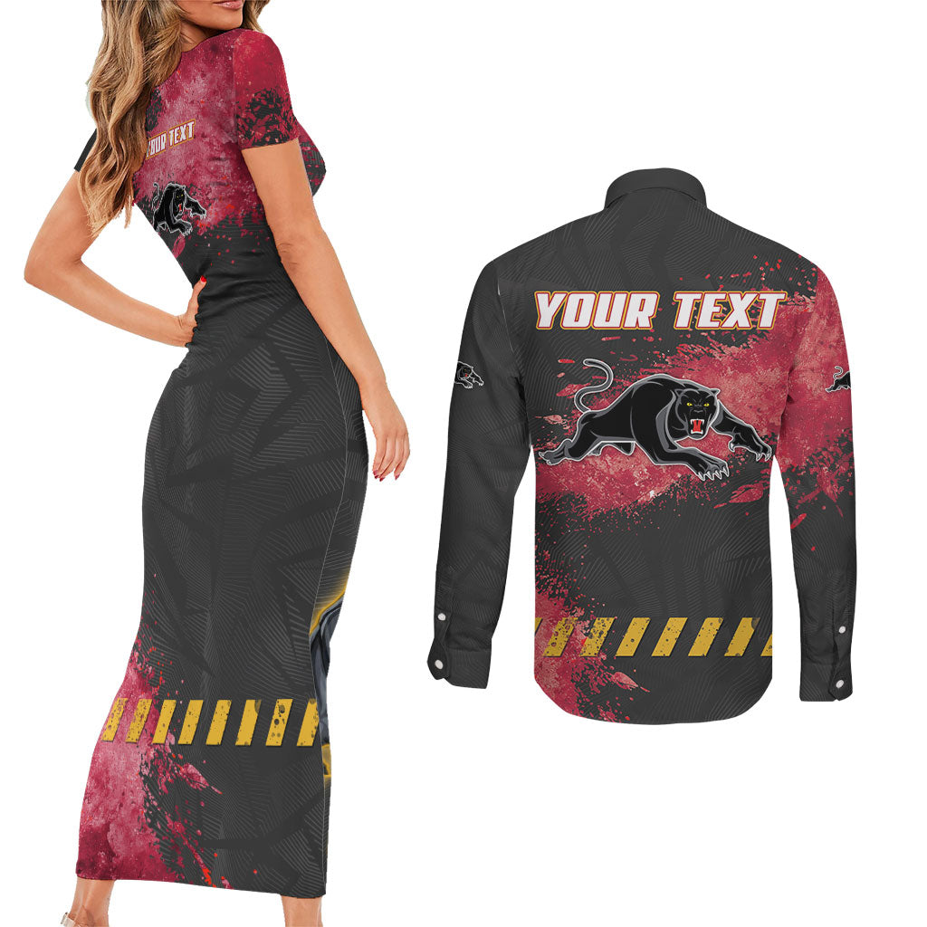 Personalised Penrith Panthers Rugby Couples Matching Short Sleeve Bodycon Dress and Long Sleeve Button Shirt Black Panther Mascot - Sporty Splash Art Style