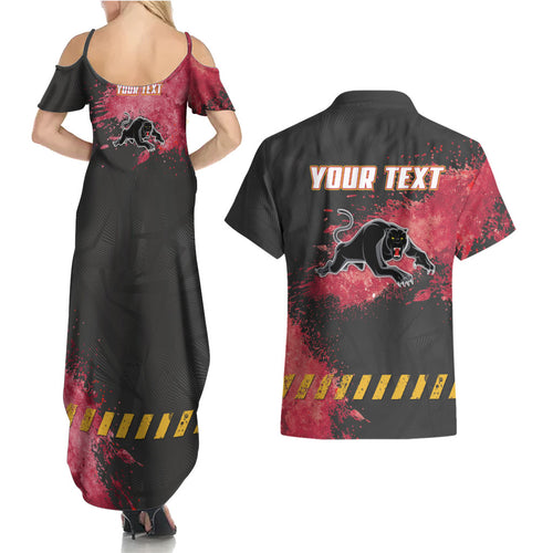 Personalised Penrith Panthers Rugby Couples Matching Summer Maxi Dress and Hawaiian Shirt Black Panther Mascot - Sporty Splash Art Style