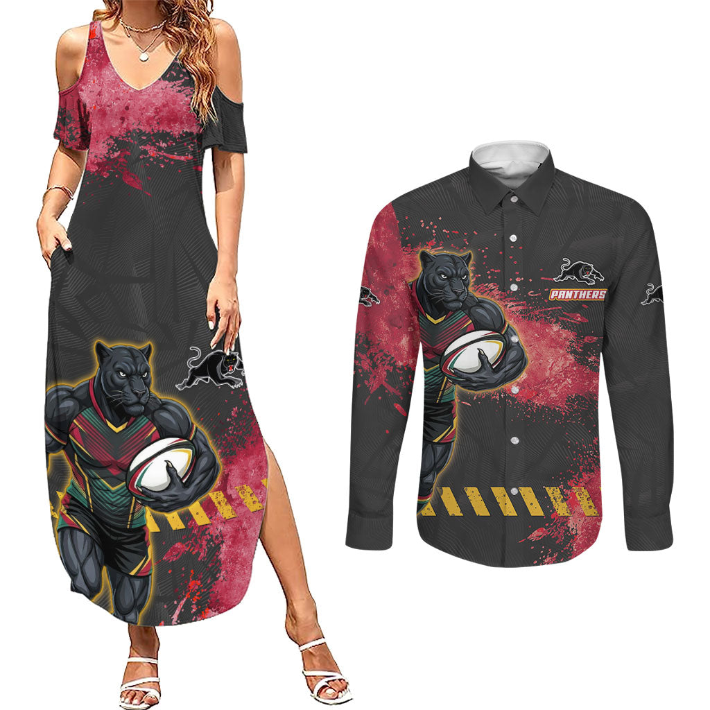 Personalised Penrith Panthers Rugby Couples Matching Summer Maxi Dress and Long Sleeve Button Shirt Black Panther Mascot - Sporty Splash Art Style