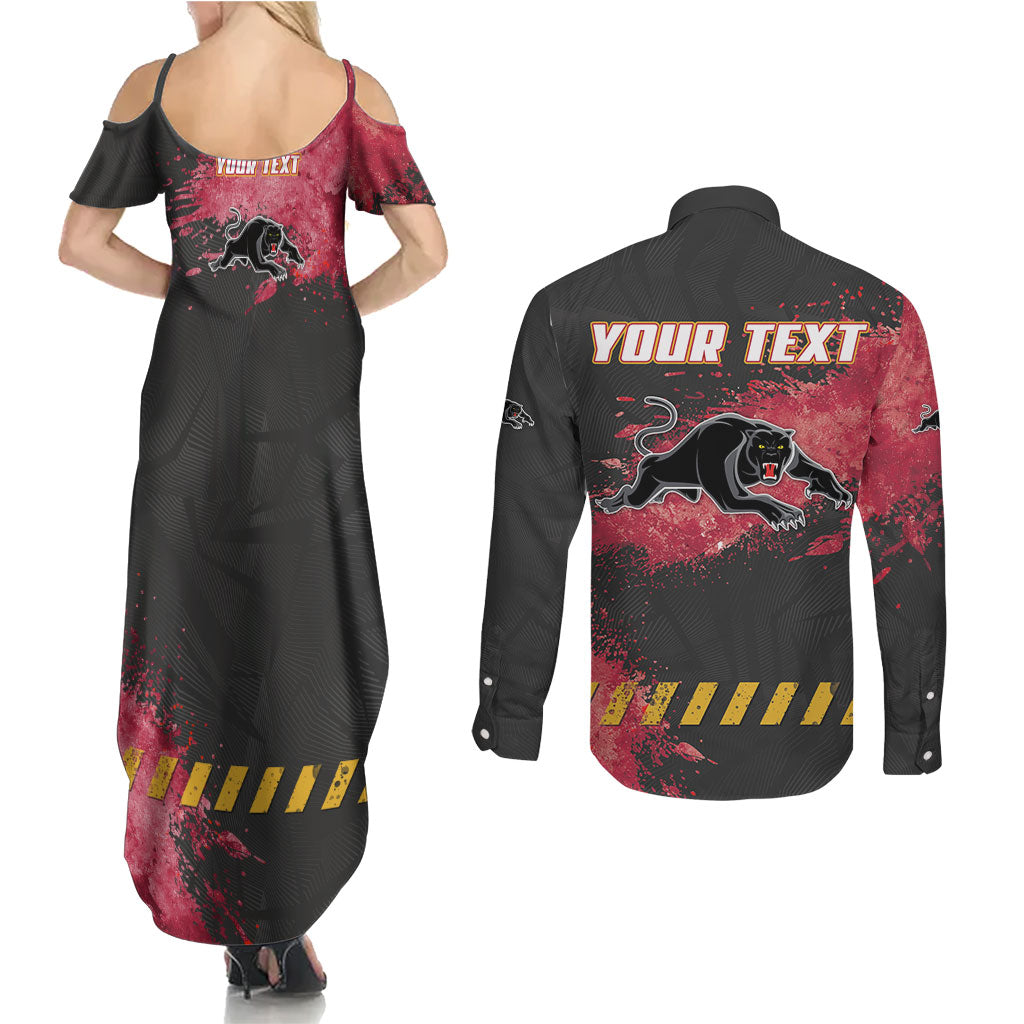 Personalised Penrith Panthers Rugby Couples Matching Summer Maxi Dress and Long Sleeve Button Shirt Black Panther Mascot - Sporty Splash Art Style