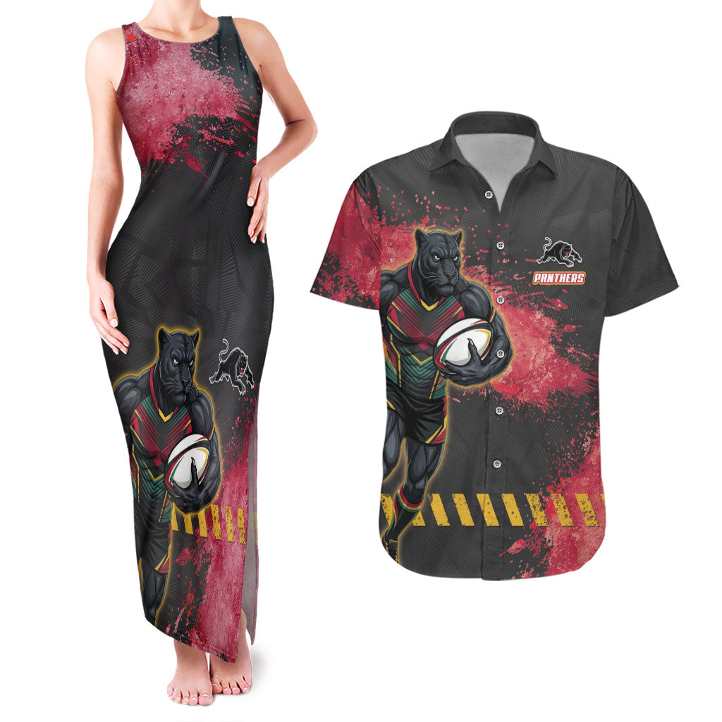 Personalised Penrith Panthers Rugby Couples Matching Tank Maxi Dress and Hawaiian Shirt Black Panther Mascot - Sporty Splash Art Style