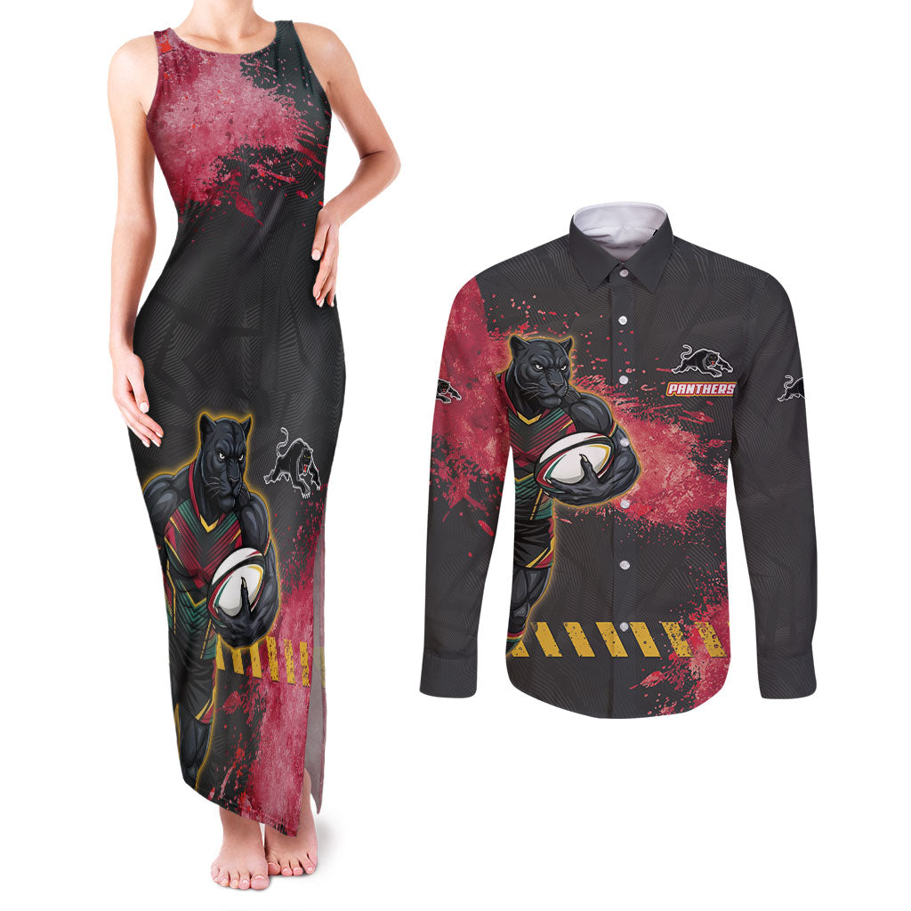 Personalised Penrith Panthers Rugby Couples Matching Tank Maxi Dress and Long Sleeve Button Shirt Black Panther Mascot - Sporty Splash Art Style
