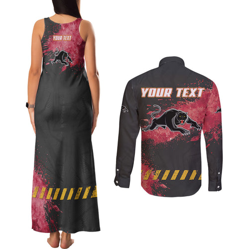 Personalised Penrith Panthers Rugby Couples Matching Tank Maxi Dress and Long Sleeve Button Shirt Black Panther Mascot - Sporty Splash Art Style