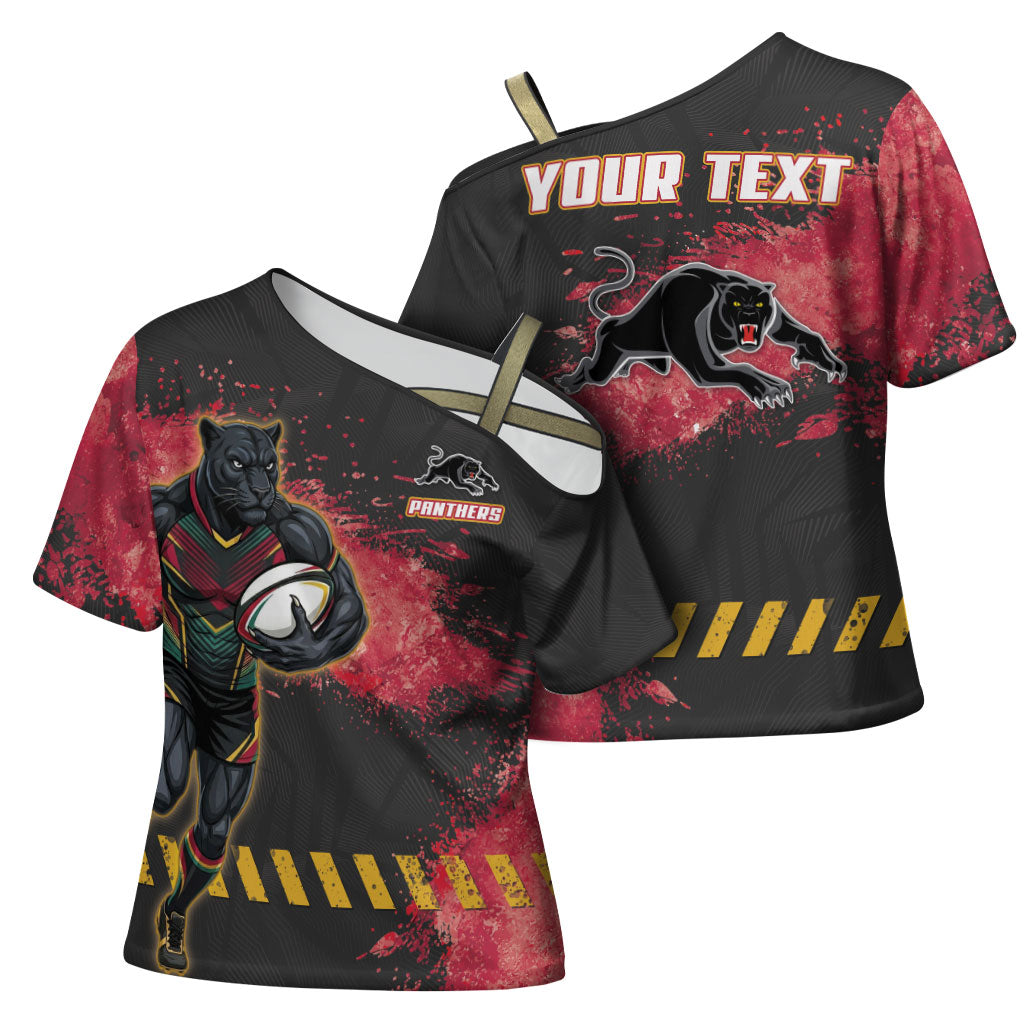 Personalised Penrith Panthers Rugby Cross Shoulder Shirt Black Panther Mascot - Sporty Splash Art Style