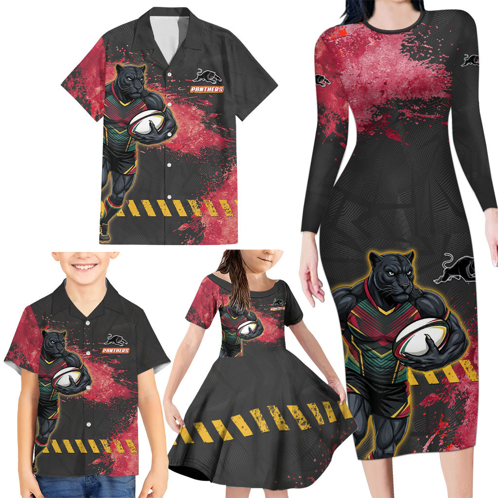 Personalised Penrith Panthers Rugby Family Matching Long Sleeve Bodycon Dress and Hawaiian Shirt Black Panther Mascot - Sporty Splash Art Style