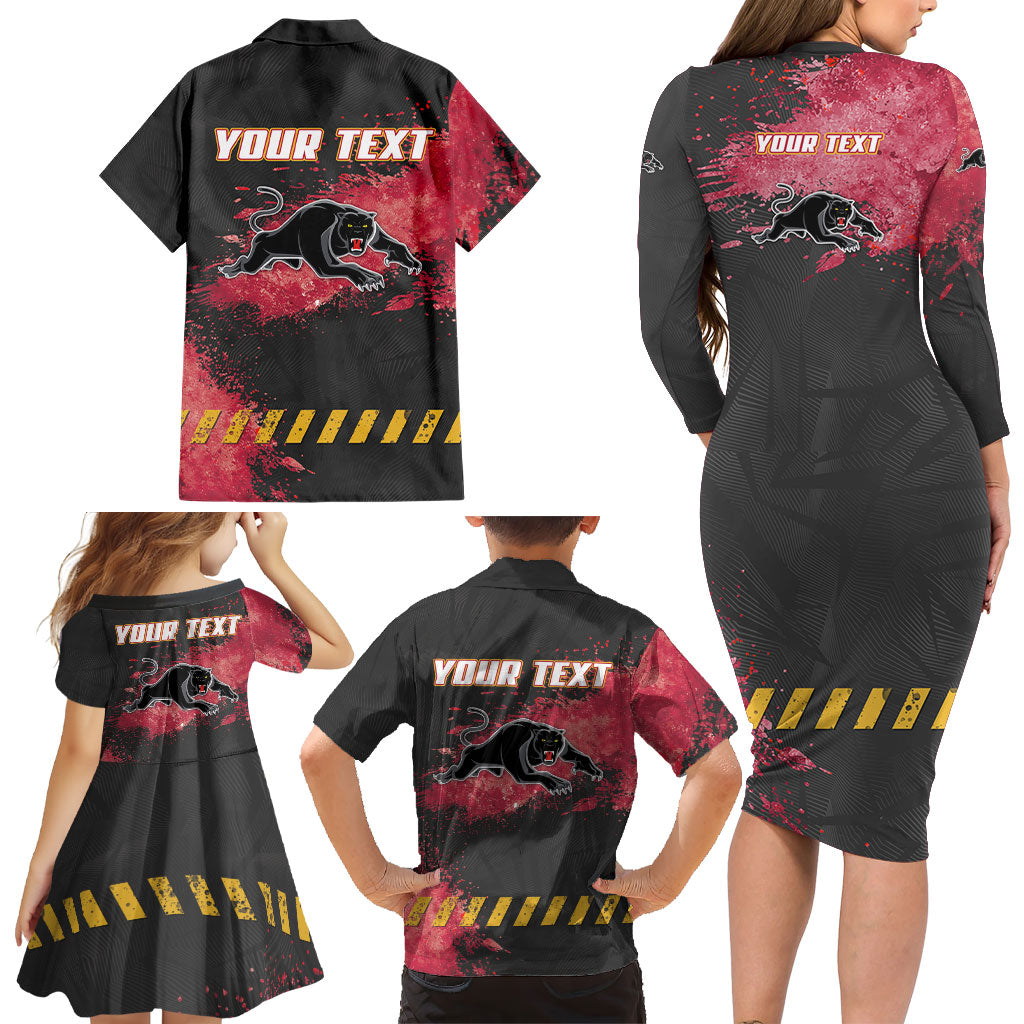 Personalised Penrith Panthers Rugby Family Matching Long Sleeve Bodycon Dress and Hawaiian Shirt Black Panther Mascot - Sporty Splash Art Style