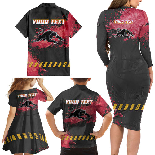 Personalised Penrith Panthers Rugby Family Matching Long Sleeve Bodycon Dress and Hawaiian Shirt Black Panther Mascot - Sporty Splash Art Style