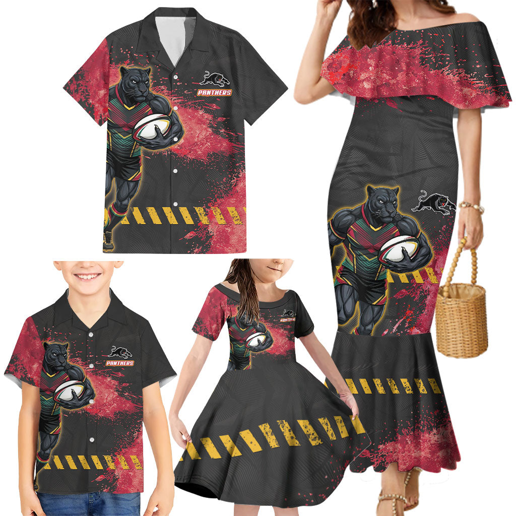 Personalised Penrith Panthers Rugby Family Matching Mermaid Dress and Hawaiian Shirt Black Panther Mascot - Sporty Splash Art Style