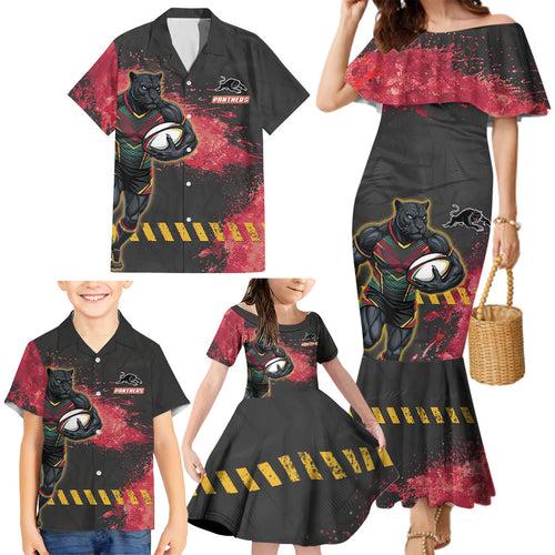 Personalised Penrith Panthers Rugby Family Matching Mermaid Dress and Hawaiian Shirt Black Panther Mascot - Sporty Splash Art Style