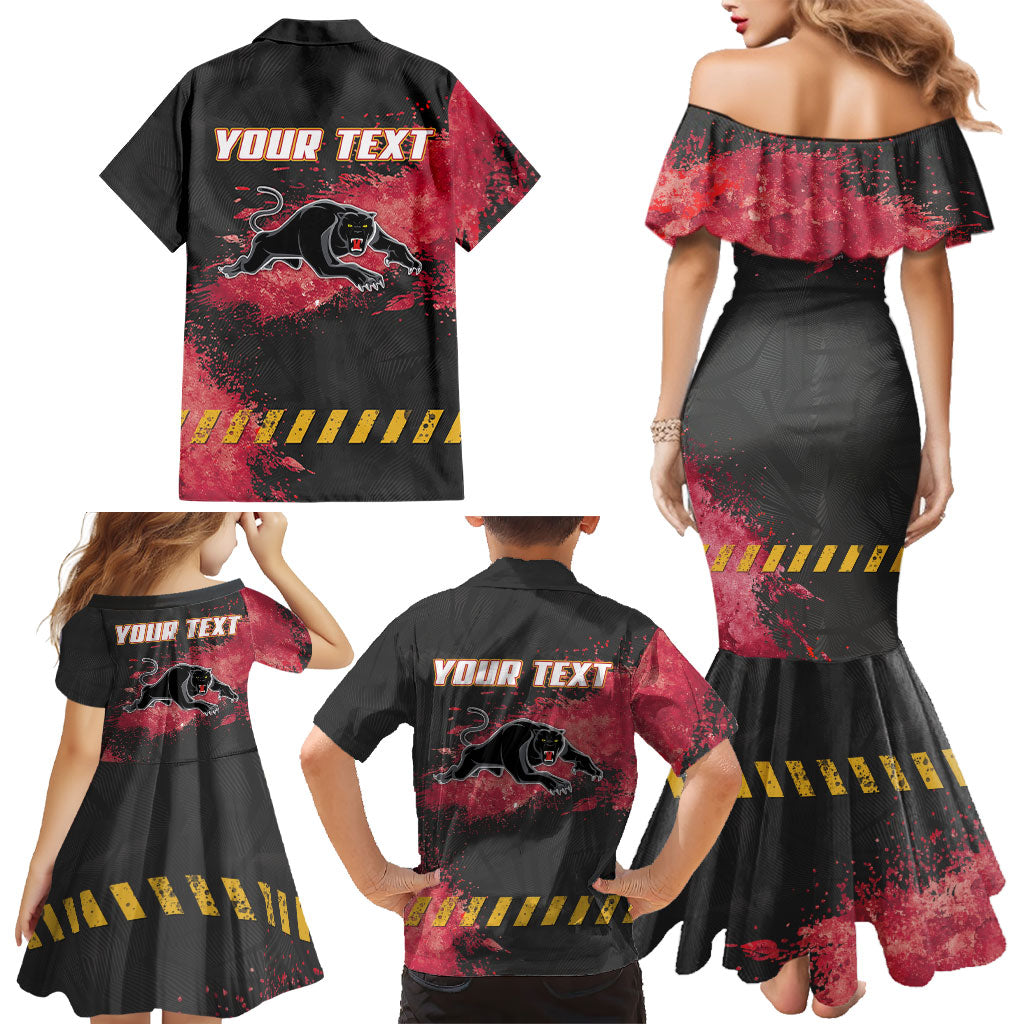 Personalised Penrith Panthers Rugby Family Matching Mermaid Dress and Hawaiian Shirt Black Panther Mascot - Sporty Splash Art Style