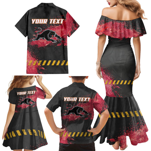 Personalised Penrith Panthers Rugby Family Matching Mermaid Dress and Hawaiian Shirt Black Panther Mascot - Sporty Splash Art Style