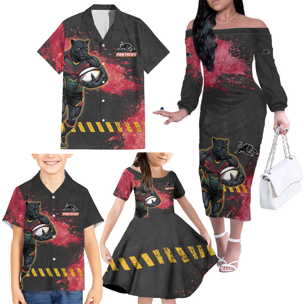 Personalised Penrith Panthers Rugby Family Matching Off The Shoulder Long Sleeve Dress and Hawaiian Shirt Black Panther Mascot - Sporty Splash Art Style