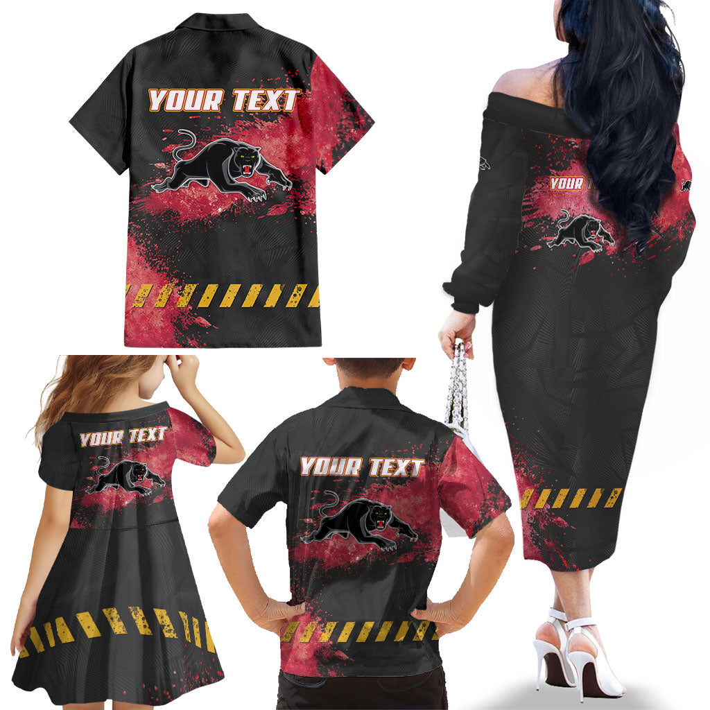 Personalised Penrith Panthers Rugby Family Matching Off The Shoulder Long Sleeve Dress and Hawaiian Shirt Black Panther Mascot - Sporty Splash Art Style