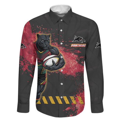 Personalised Penrith Panthers Rugby Family Matching Off The Shoulder Long Sleeve Dress and Hawaiian Shirt Black Panther Mascot - Sporty Splash Art Style