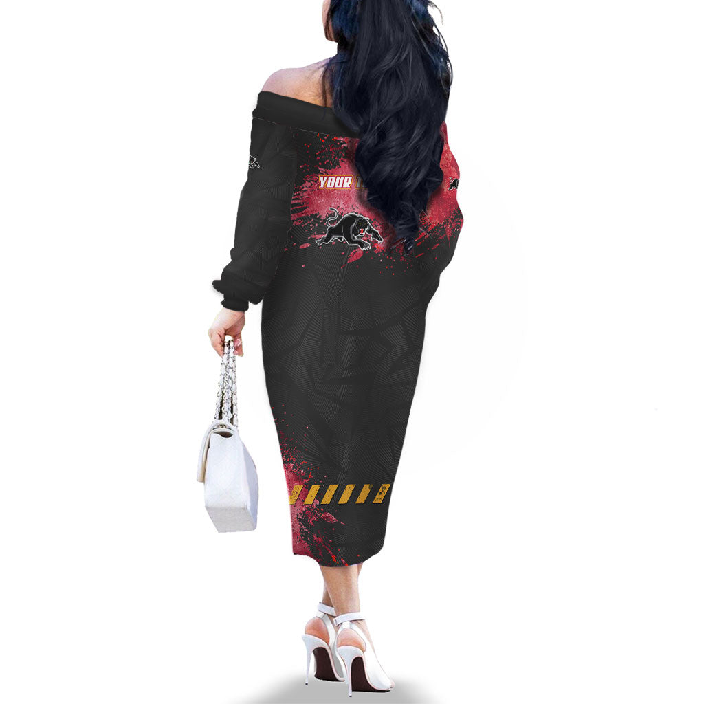 Personalised Penrith Panthers Rugby Family Matching Off The Shoulder Long Sleeve Dress and Hawaiian Shirt Black Panther Mascot - Sporty Splash Art Style