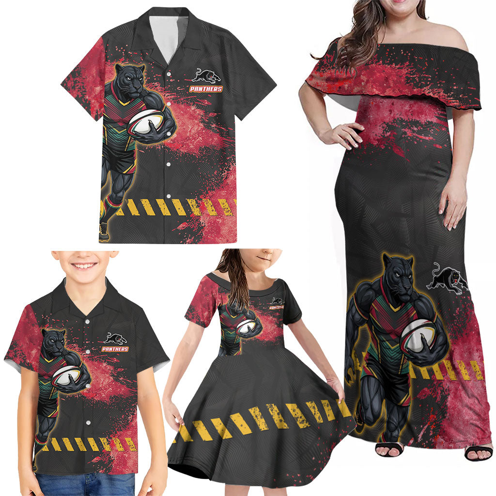 Personalised Penrith Panthers Rugby Family Matching Off Shoulder Maxi Dress and Hawaiian Shirt Black Panther Mascot - Sporty Splash Art Style