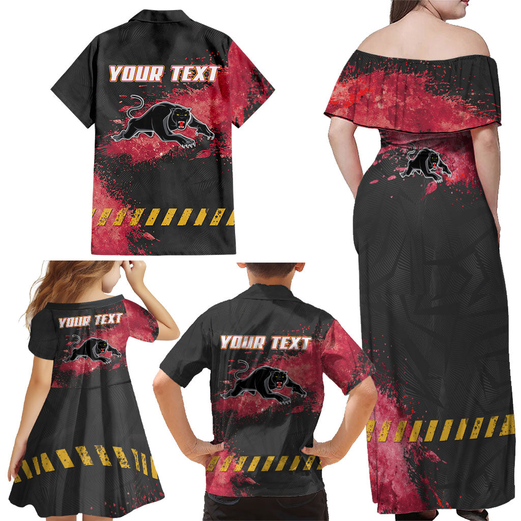 Personalised Penrith Panthers Rugby Family Matching Off Shoulder Maxi Dress and Hawaiian Shirt Black Panther Mascot - Sporty Splash Art Style