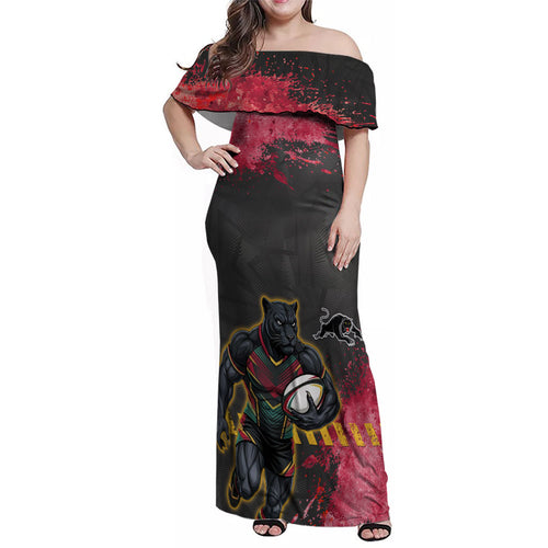 Personalised Penrith Panthers Rugby Family Matching Off Shoulder Maxi Dress and Hawaiian Shirt Black Panther Mascot - Sporty Splash Art Style