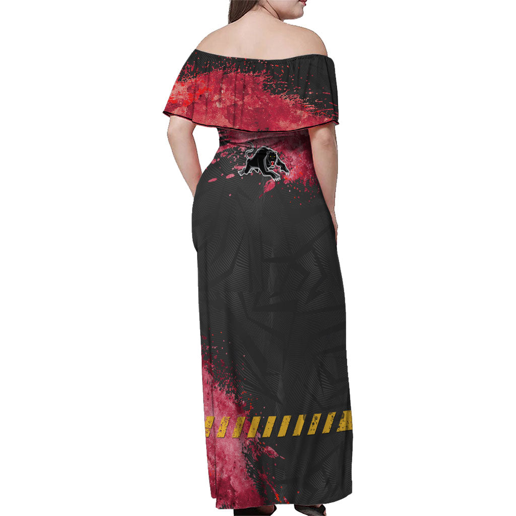 Personalised Penrith Panthers Rugby Family Matching Off Shoulder Maxi Dress and Hawaiian Shirt Black Panther Mascot - Sporty Splash Art Style