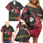Personalised Penrith Panthers Rugby Family Matching Off Shoulder Short Dress and Hawaiian Shirt Black Panther Mascot - Sporty Splash Art Style