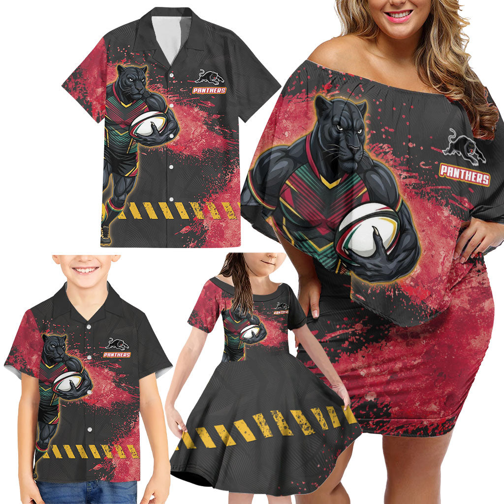 Personalised Penrith Panthers Rugby Family Matching Off Shoulder Short Dress and Hawaiian Shirt Black Panther Mascot - Sporty Splash Art Style