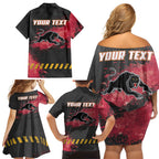 Personalised Penrith Panthers Rugby Family Matching Off Shoulder Short Dress and Hawaiian Shirt Black Panther Mascot - Sporty Splash Art Style