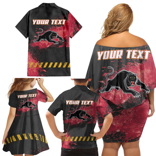 Personalised Penrith Panthers Rugby Family Matching Off Shoulder Short Dress and Hawaiian Shirt Black Panther Mascot - Sporty Splash Art Style