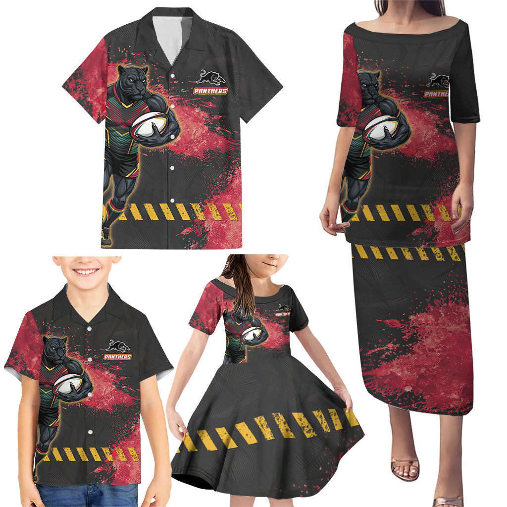 Personalised Penrith Panthers Rugby Family Matching Puletasi and Hawaiian Shirt Black Panther Mascot - Sporty Splash Art Style