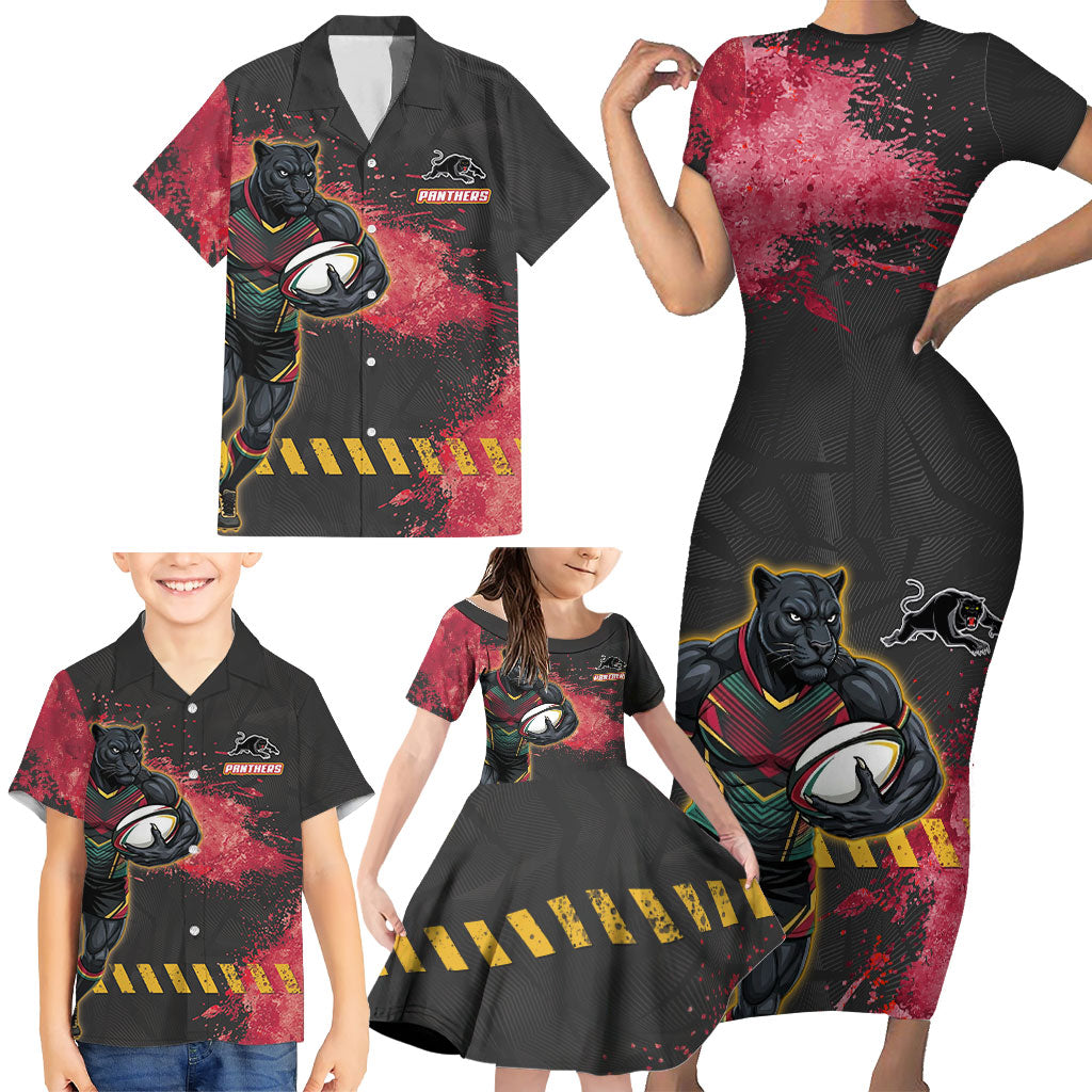Personalised Penrith Panthers Rugby Family Matching Short Sleeve Bodycon Dress and Hawaiian Shirt Black Panther Mascot - Sporty Splash Art Style