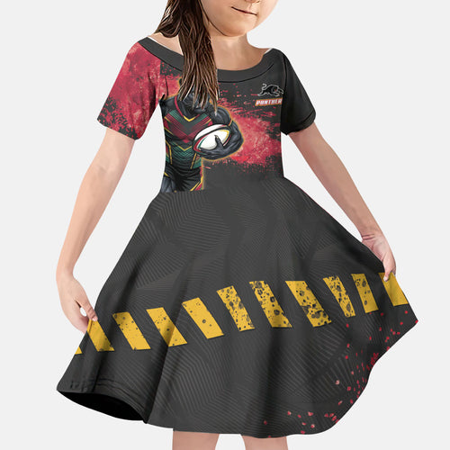 Personalised Penrith Panthers Rugby Family Matching Short Sleeve Bodycon Dress and Hawaiian Shirt Black Panther Mascot - Sporty Splash Art Style