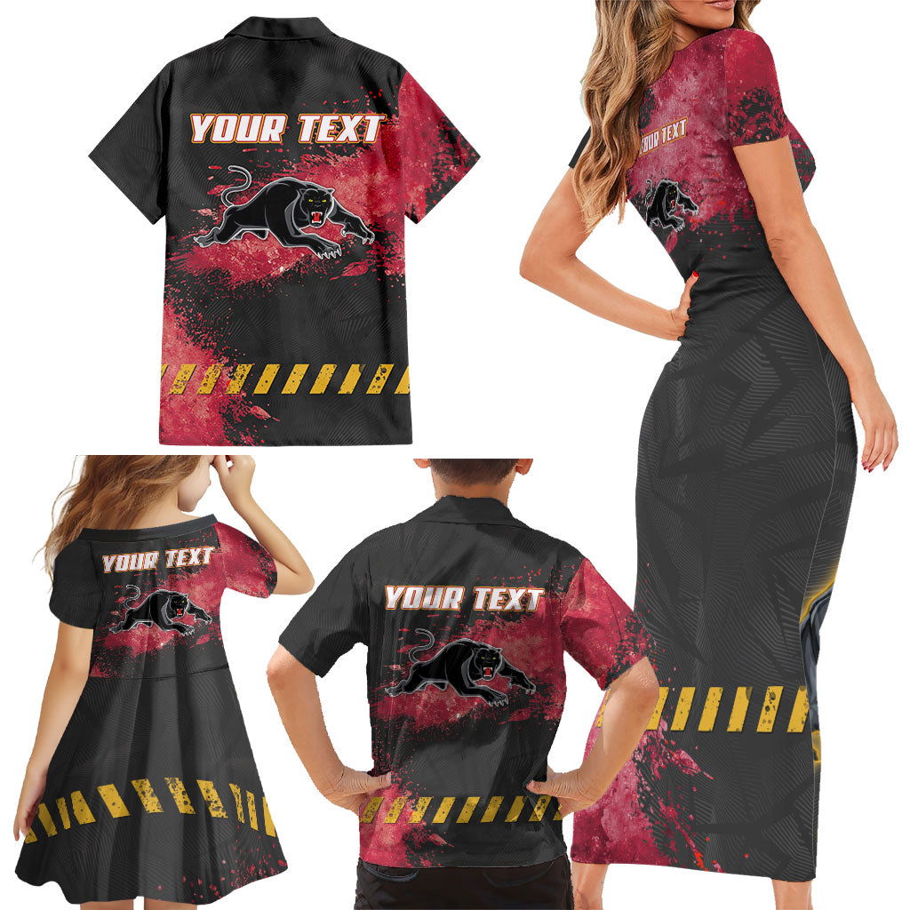 Personalised Penrith Panthers Rugby Family Matching Short Sleeve Bodycon Dress and Hawaiian Shirt Black Panther Mascot - Sporty Splash Art Style