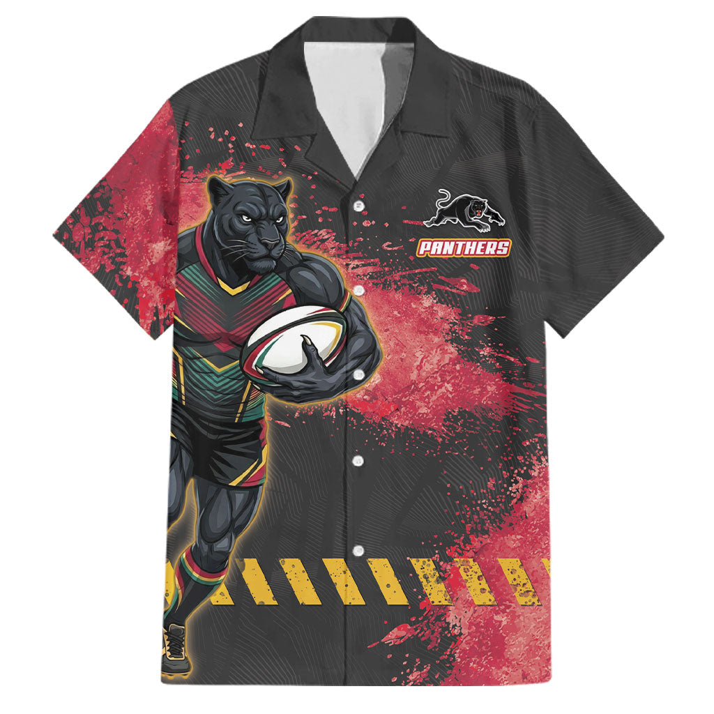 Personalised Penrith Panthers Rugby Family Matching Short Sleeve Bodycon Dress and Hawaiian Shirt Black Panther Mascot - Sporty Splash Art Style