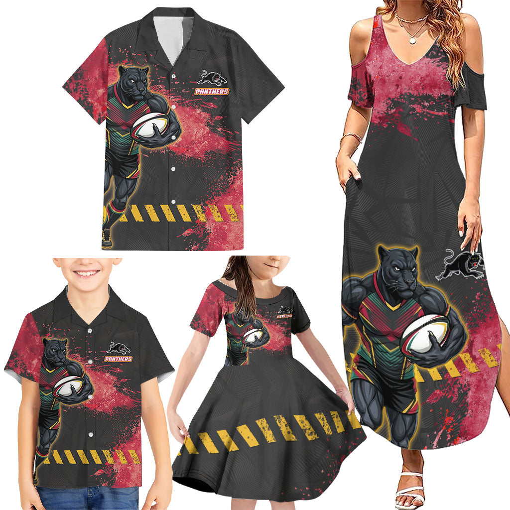Personalised Penrith Panthers Rugby Family Matching Summer Maxi Dress and Hawaiian Shirt Black Panther Mascot - Sporty Splash Art Style