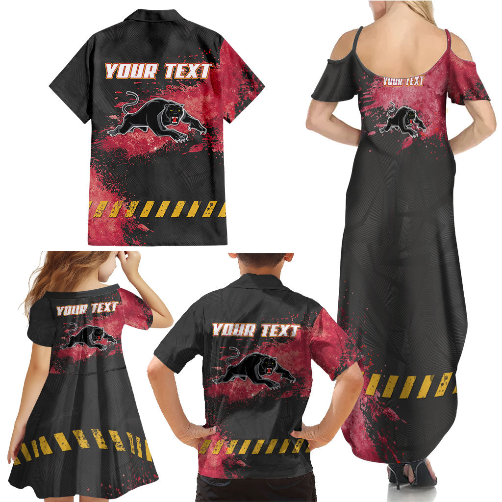 Personalised Penrith Panthers Rugby Family Matching Summer Maxi Dress and Hawaiian Shirt Black Panther Mascot - Sporty Splash Art Style