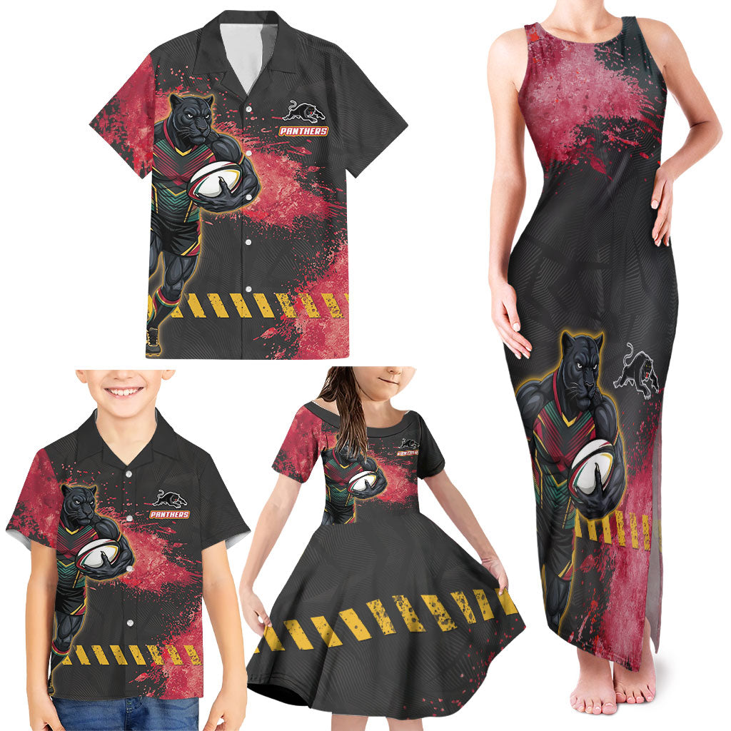 Personalised Penrith Panthers Rugby Family Matching Tank Maxi Dress and Hawaiian Shirt Black Panther Mascot - Sporty Splash Art Style