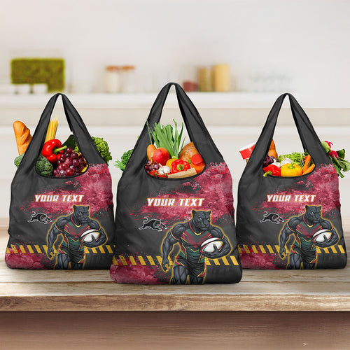 Personalised Penrith Panthers Rugby Grocery Bag Black Panther Mascot - Sporty Splash Art Style