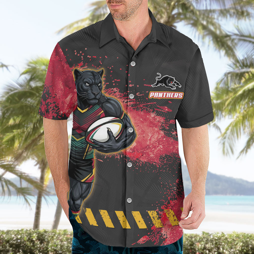 Personalised Penrith Panthers Rugby Hawaiian Shirt Black Panther Mascot - Sporty Splash Art Style