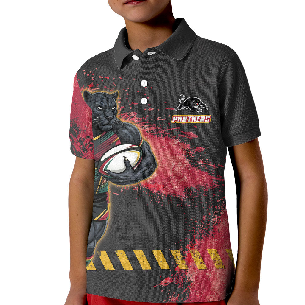Personalised Penrith Panthers Rugby Kid Polo Shirt Black Panther Mascot - Sporty Splash Art Style