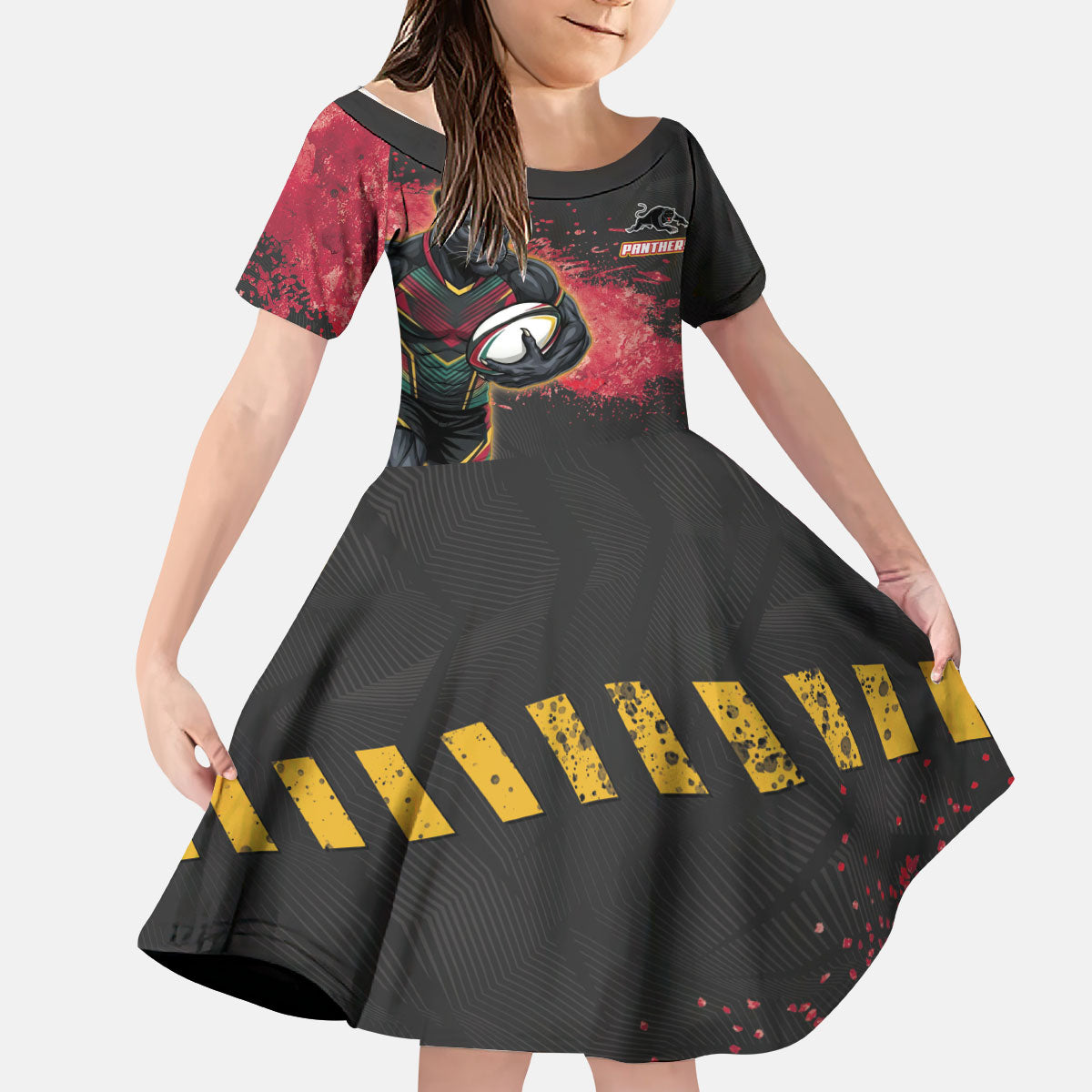 Personalised Penrith Panthers Rugby Kid Short Sleeve Dress Black Panther Mascot - Sporty Splash Art Style