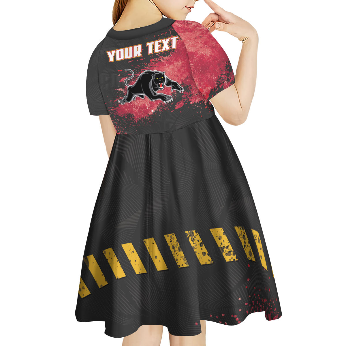 Personalised Penrith Panthers Rugby Kid Short Sleeve Dress Black Panther Mascot - Sporty Splash Art Style