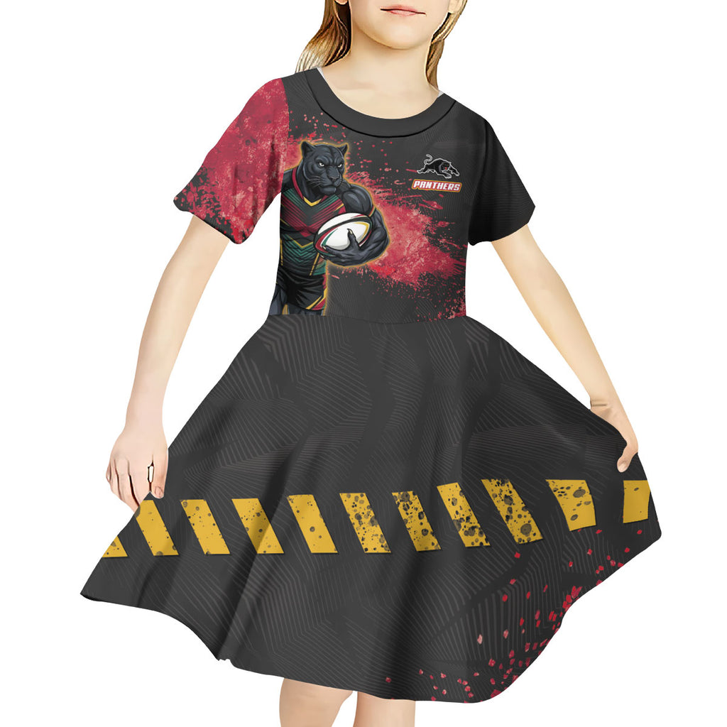 Personalised Penrith Panthers Rugby Kid Short Sleeve Dress Black Panther Mascot - Sporty Splash Art Style