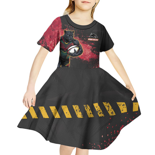 Personalised Penrith Panthers Rugby Kid Short Sleeve Dress Black Panther Mascot - Sporty Splash Art Style