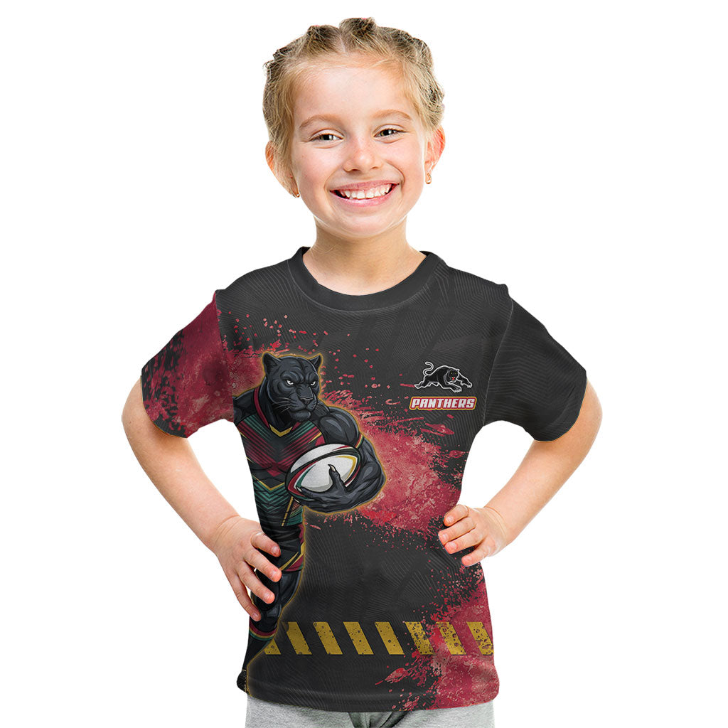 Personalised Penrith Panthers Rugby Kid T Shirt Black Panther Mascot - Sporty Splash Art Style