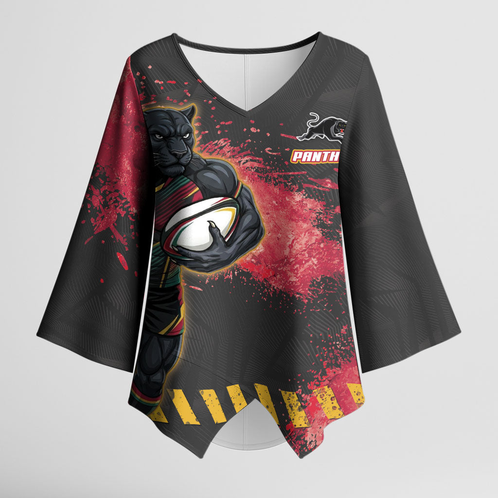 Personalised Penrith Panthers Rugby Kimono Sleeve Blouse Black Panther Mascot - Sporty Splash Art Style