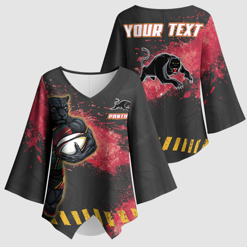 Personalised Penrith Panthers Rugby Kimono Sleeve Blouse Black Panther Mascot - Sporty Splash Art Style
