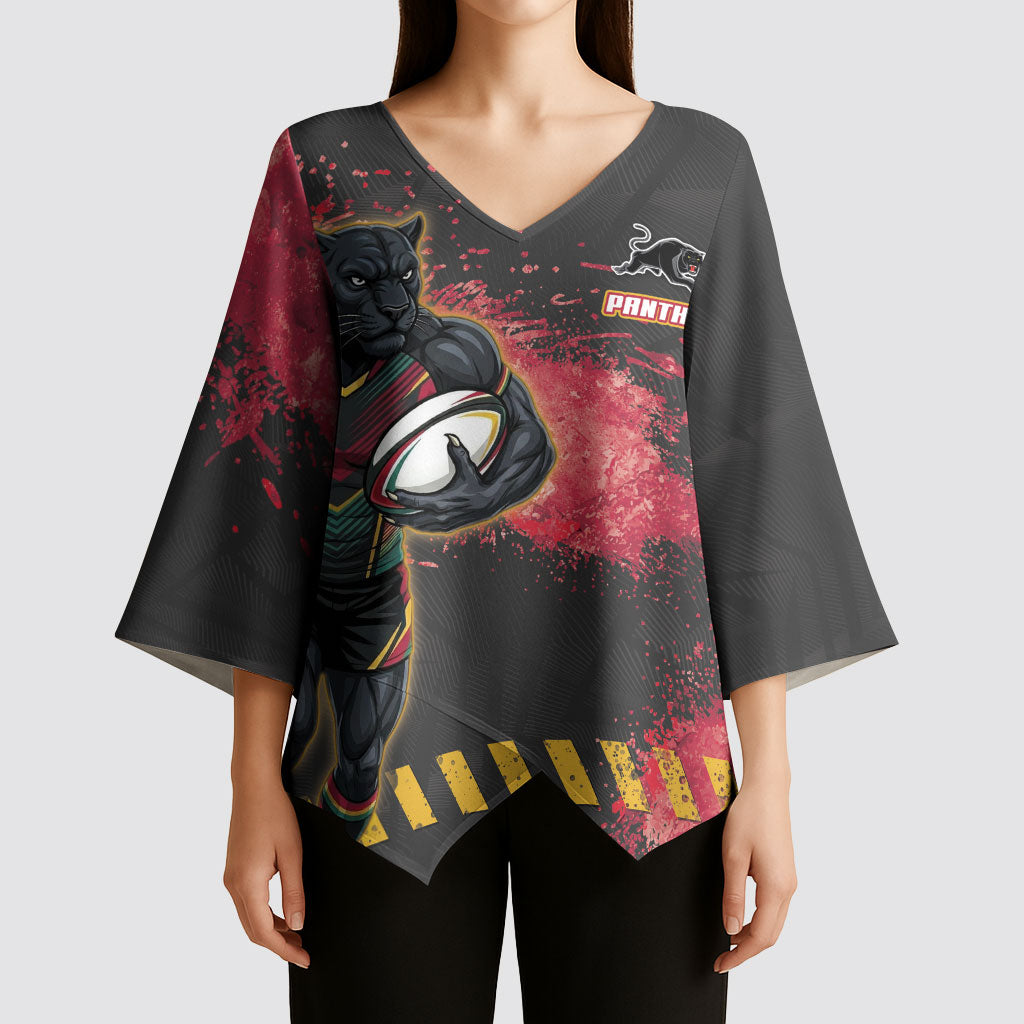 Personalised Penrith Panthers Rugby Kimono Sleeve Blouse Black Panther Mascot - Sporty Splash Art Style