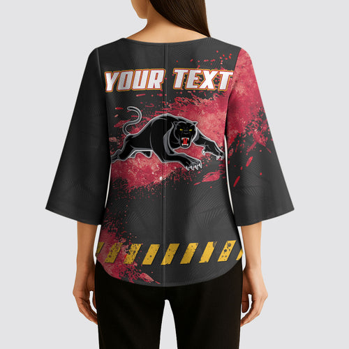 Personalised Penrith Panthers Rugby Kimono Sleeve Blouse Black Panther Mascot - Sporty Splash Art Style